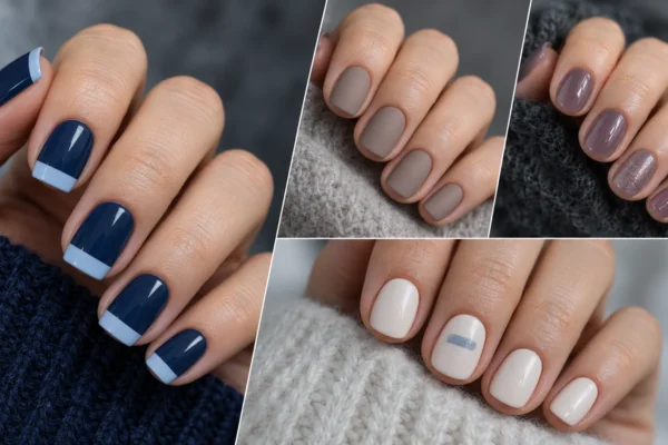 Four-panel collage of navy nails with icy-blue flat tips, matte mushroom-taupe nails, cream nails with a blue dash, and plum jelly nails with a shimmer accent.