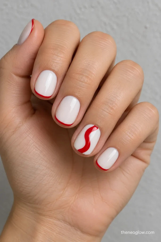 Very short marshmallow-white oval nails with one scarlet S-shaped swirl on the ring finger and fine red edges on the other nails.