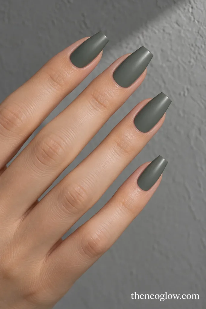 Medium coffin nails in muted gray-green slate moss with a satin finish.