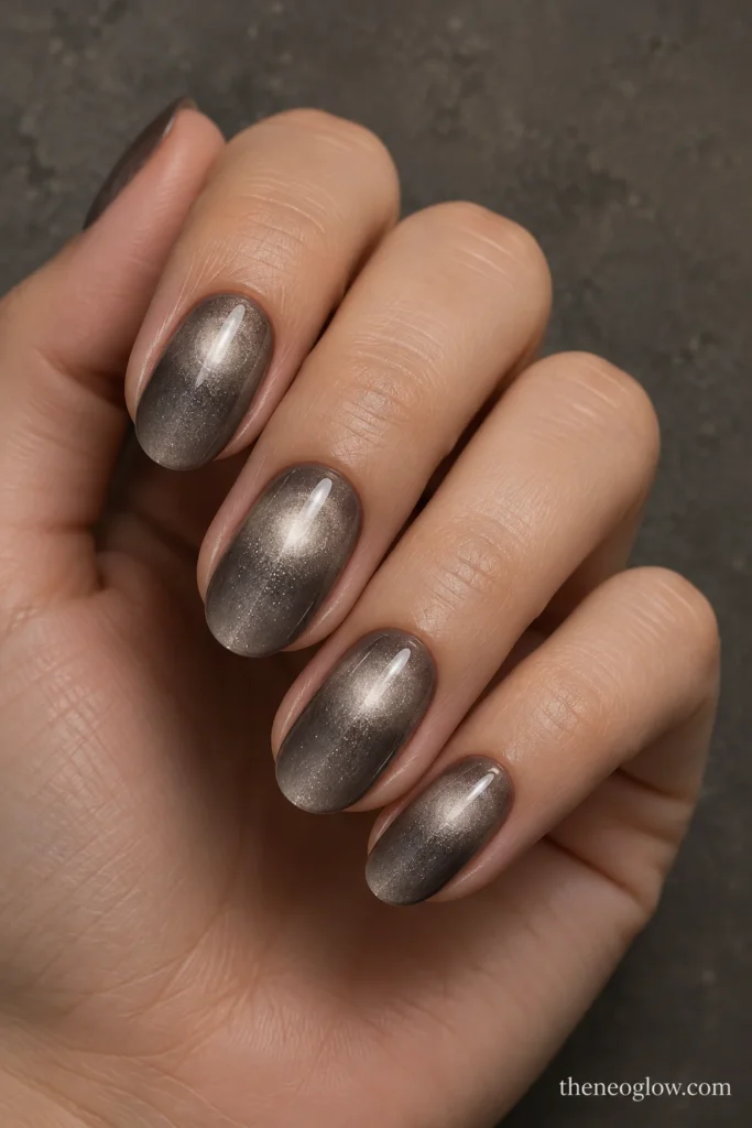 Medium smoky-gray oval nails with softly rounded silver magnetic halos