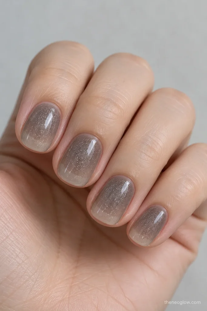 Short round nails with translucent smoky gray-silver jelly polish and fine suspended silver sparkle.
