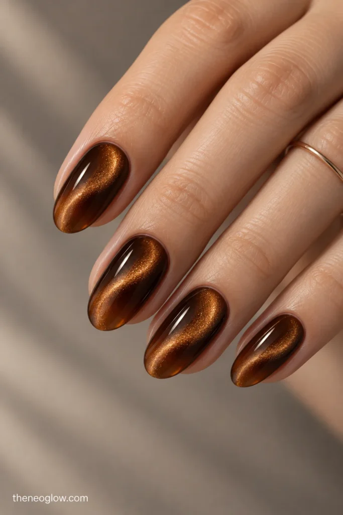 Smoky amber oval nails with curved bronze magnetic swirl reflections cat eye nails