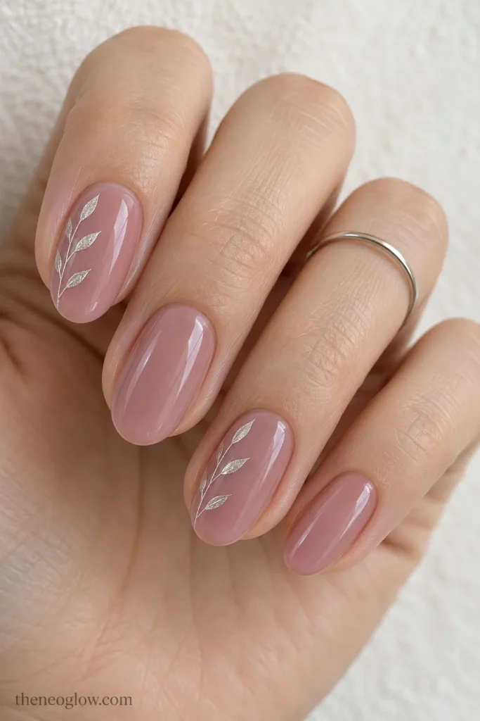 Semi-sheer smoked-blush oval nails with fine silver stems and four pointed leaves along two accent nails.