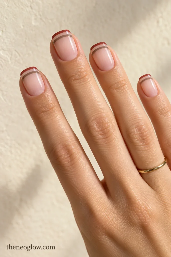 Short soft-square nails with separated clay-red and smoky taupe French lines over sheer pink.