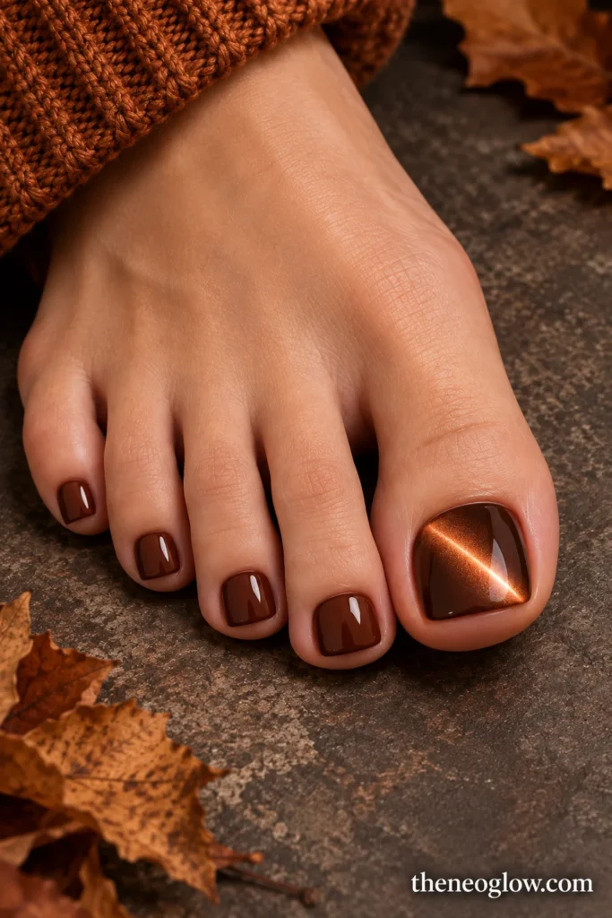 Cocoa pedicure with a smoked copper diagonal cat-eye beam on the big toenail