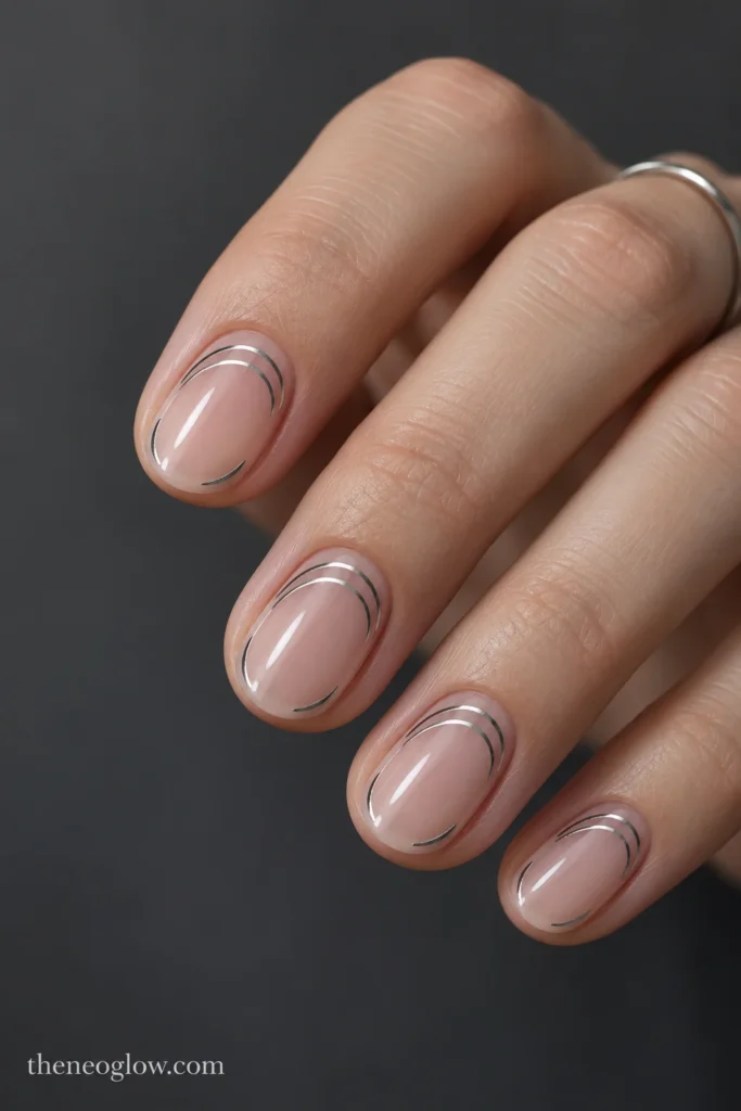 Short oval sheer nude nails outlined with thin broken smoked-silver halo arcs.