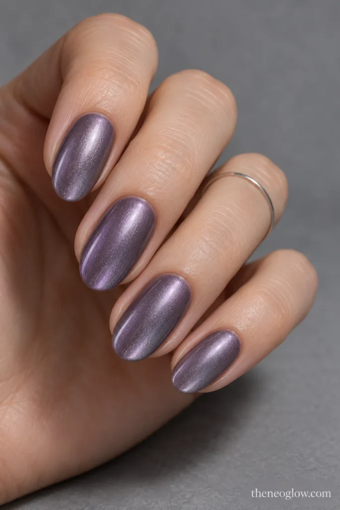 Medium oval nails with smoky violet-gray polish and a fine lilac-pewter pearlescent reflection.