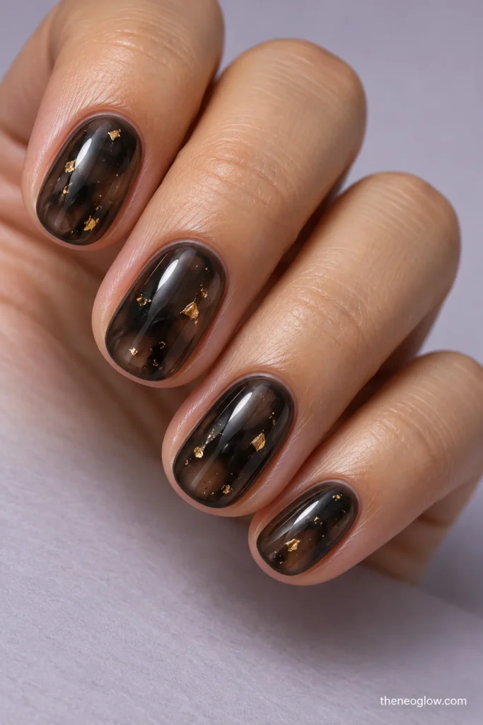 Medium oval nails with neutral-pink bases and French tips divided into black and pale metallic-gold halves.