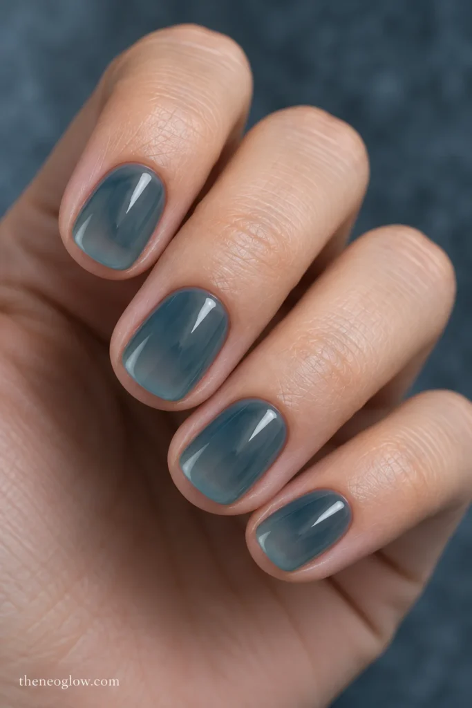 Extra-short round nails tinted with translucent smoky blue-green jelly polish.