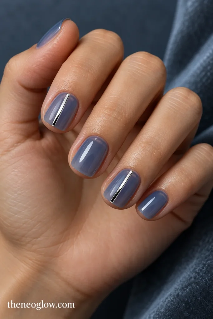 Translucent smoky-blue short square nails with narrow off-center mirror-silver stripes on the index and ring fingers.