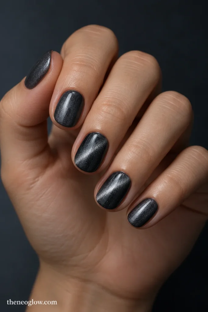 Short charcoal oval nails with narrow diagonal pewter magnetic reflections on the middle and ring fingers.