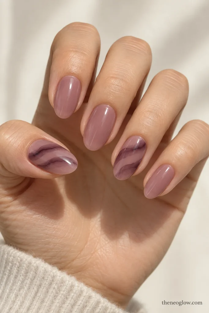 Medium oval smoky-mauve jelly nails with soft black-currant watercolor wisps on the thumb and ring finger.