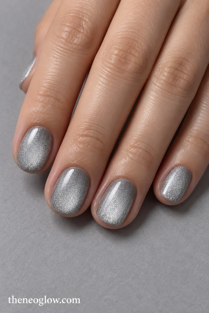 Short rounded nails with a broad, softly diffused silver magnetic velvet glow.