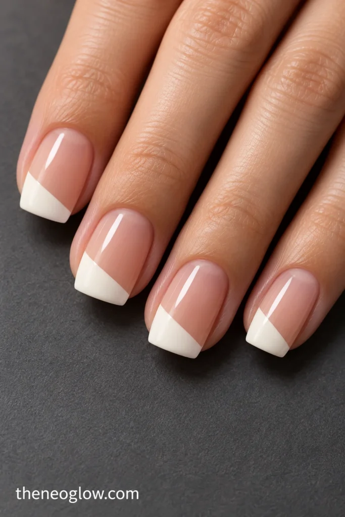 Medium soft-square nails with glossy ivory triangular French tips cut diagonally across each free edge.
