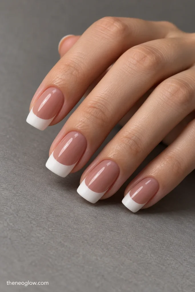 Medium soft-square nails with matte chalk-white French tips contrasted against glossy translucent rose-brown bases. white french tip nails