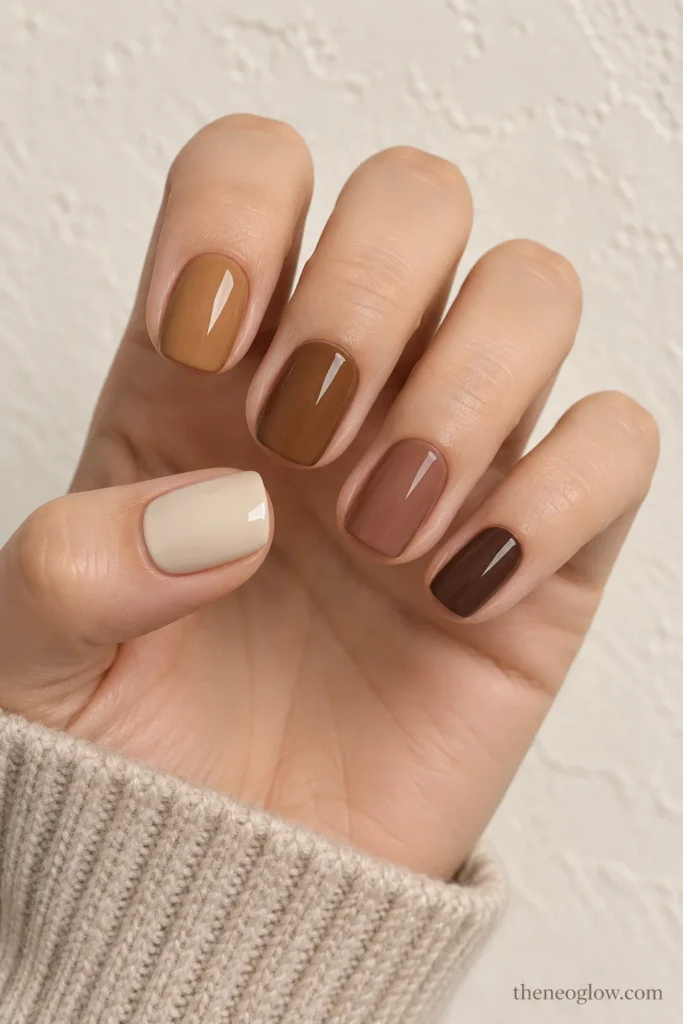 Short squoval nails in coordinated cream, caramel, pecan, clay, and cocoa shades.