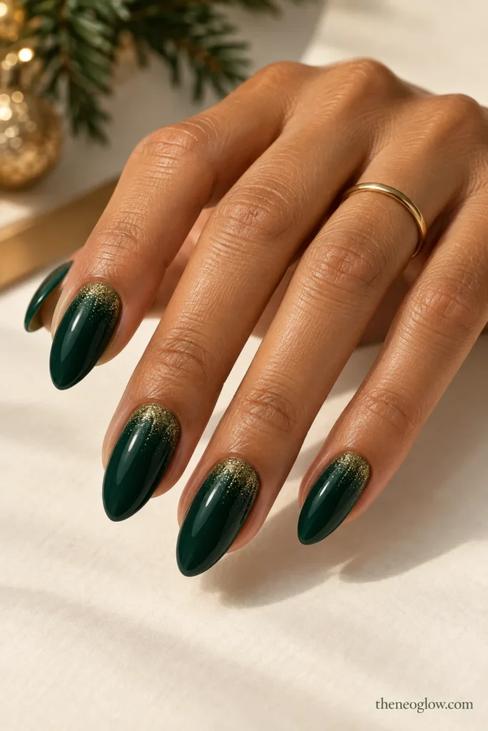 Medium almond spruce-green nails with fine gold shimmer fading outward from the cuticles.