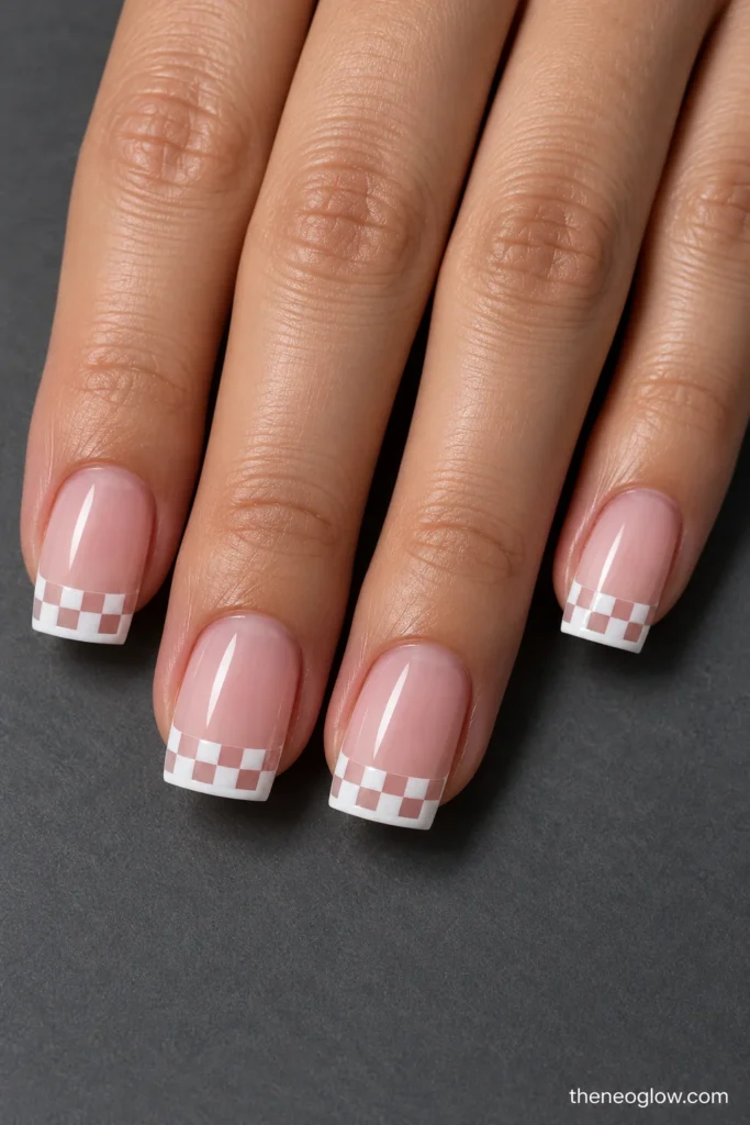 Medium square nails with two rows of alternating white and clear checks limited to the French tip area.