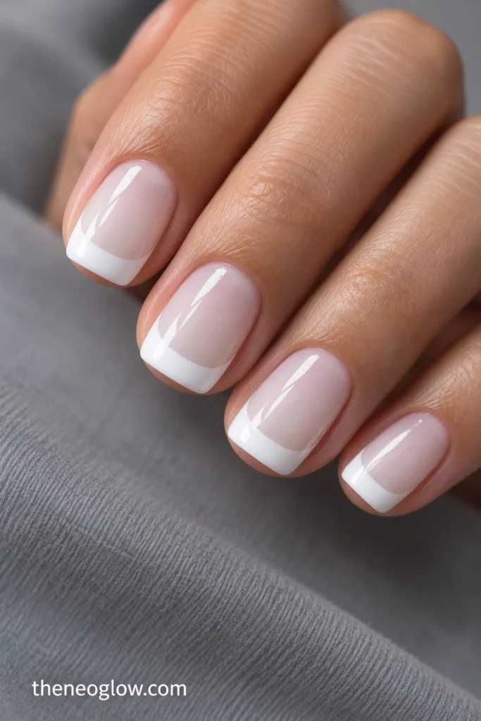 Short squoval nails with opaque bright-white French crescents over a glossy translucent milky-white base.