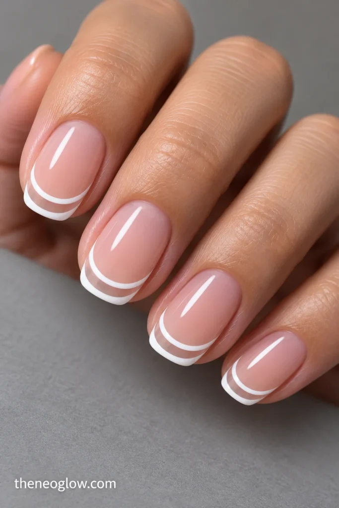 Squoval nails with two thin parallel white French arcs separated by an unpainted rosy strip.