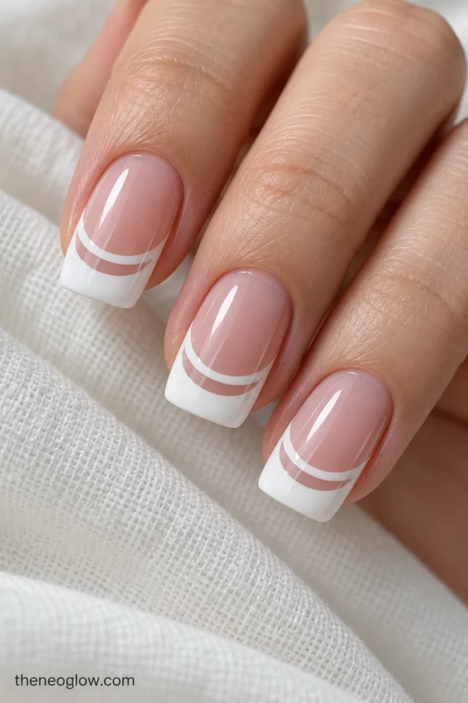 Medium squoval nails with wide snow-white French bands interrupted by narrow curved transparent windows.