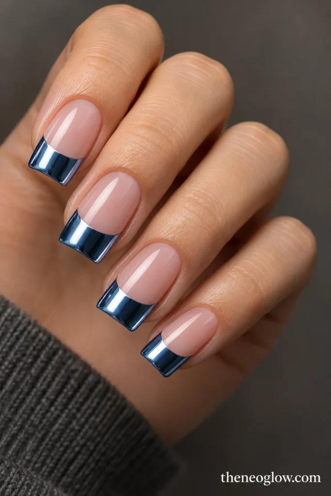 Medium soft-square nails with sheer blush bases and broad steel-blue mirror French tips.