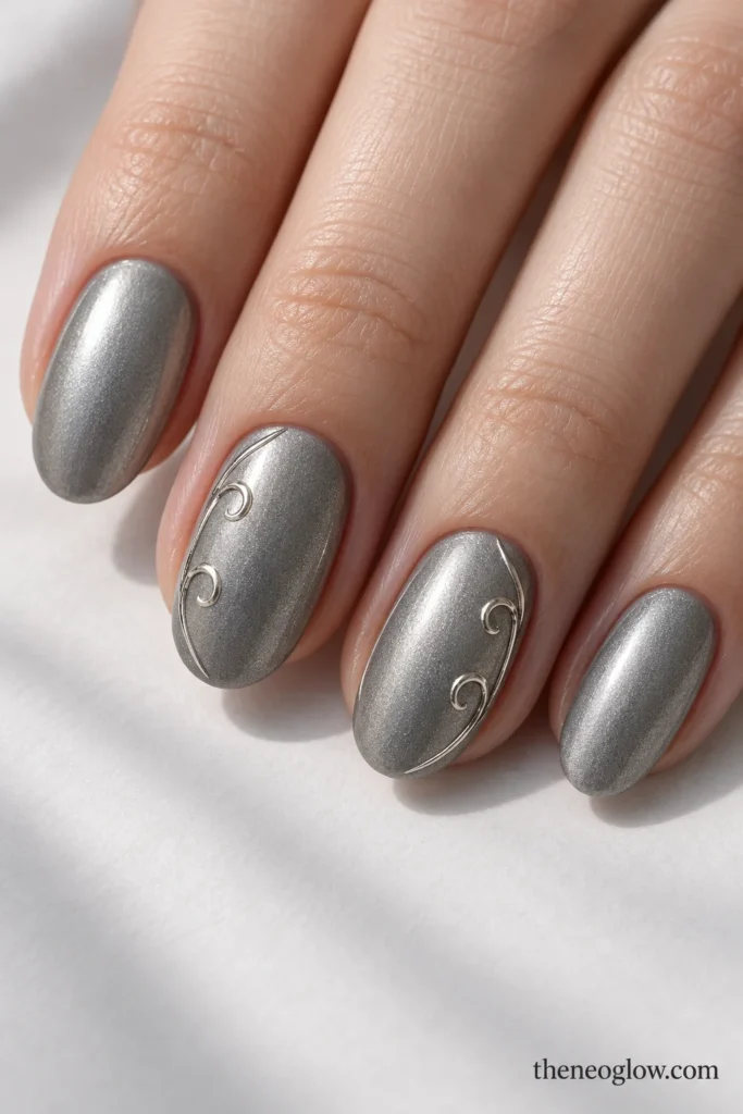 Muted pewter oval nails with fine bright silver curling filigree on the middle and ring nails.