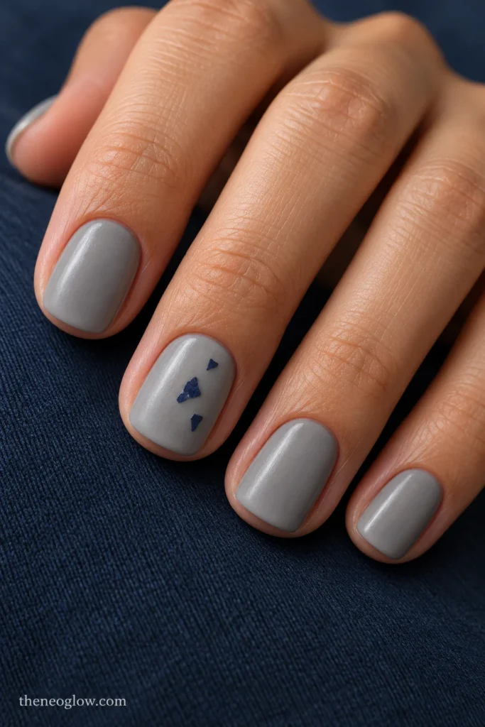 Satin stone-gray short squoval nails with three irregular ink-blue flecks on the middle fingernail.