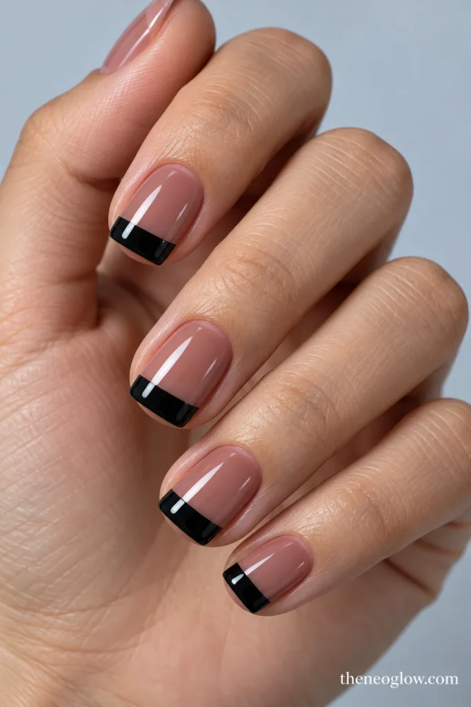 Short square nails with glossy straight black French caps over sheer rose-brown polish.