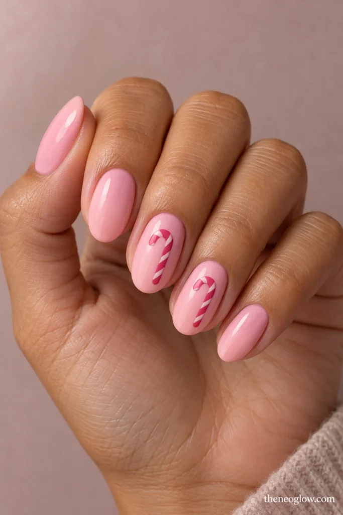 Strawberry-milk pink oval nails with small hooked raspberry-and-white candy canes painted on the middle and ring fingers.