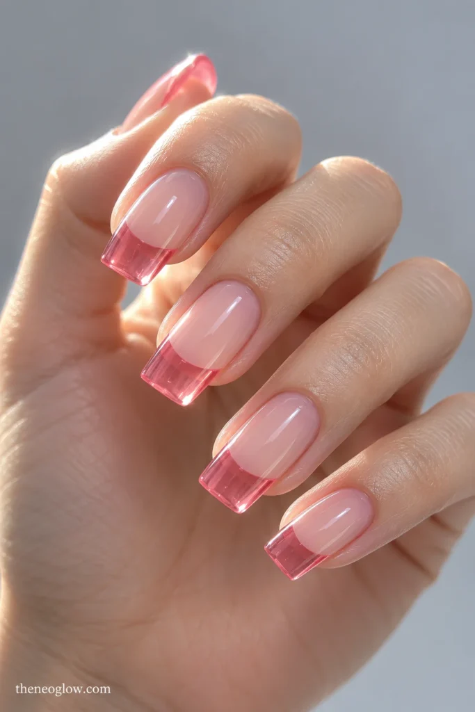 Medium soft-square clear extensions with translucent strawberry-pink jelly French tips and softly milky nude bases