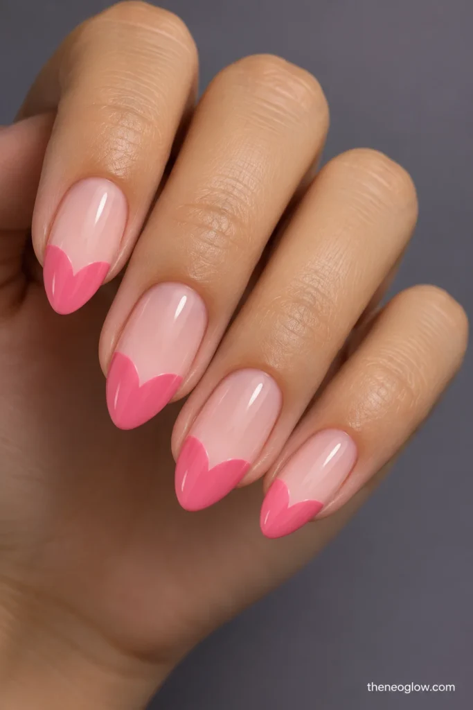 Medium almond nails with filled strawberry-pink French tips and two rounded lobes forming a sweetheart boundary. pink french tip nails