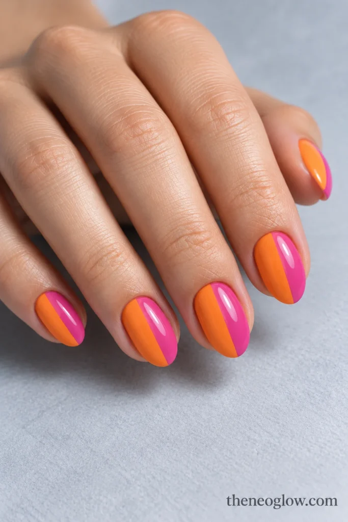 Short almond acrylic nails split vertically into tangerine-orange and bright rose-pink halves.