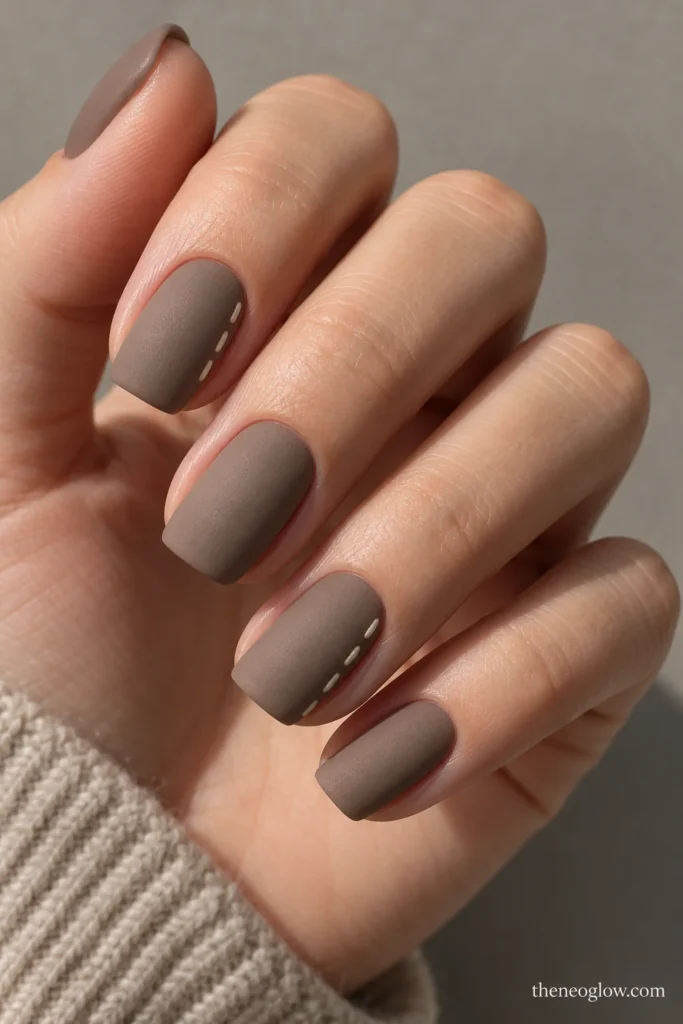 Matte mushroom-taupe squoval nails with tiny cream stitches along two side edges.