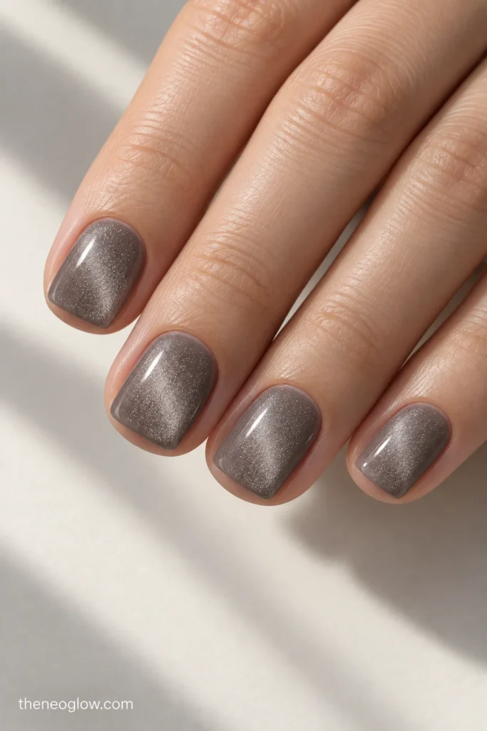 Short soft-square taupe nails with a fine silver-taupe velvet magnetic finish