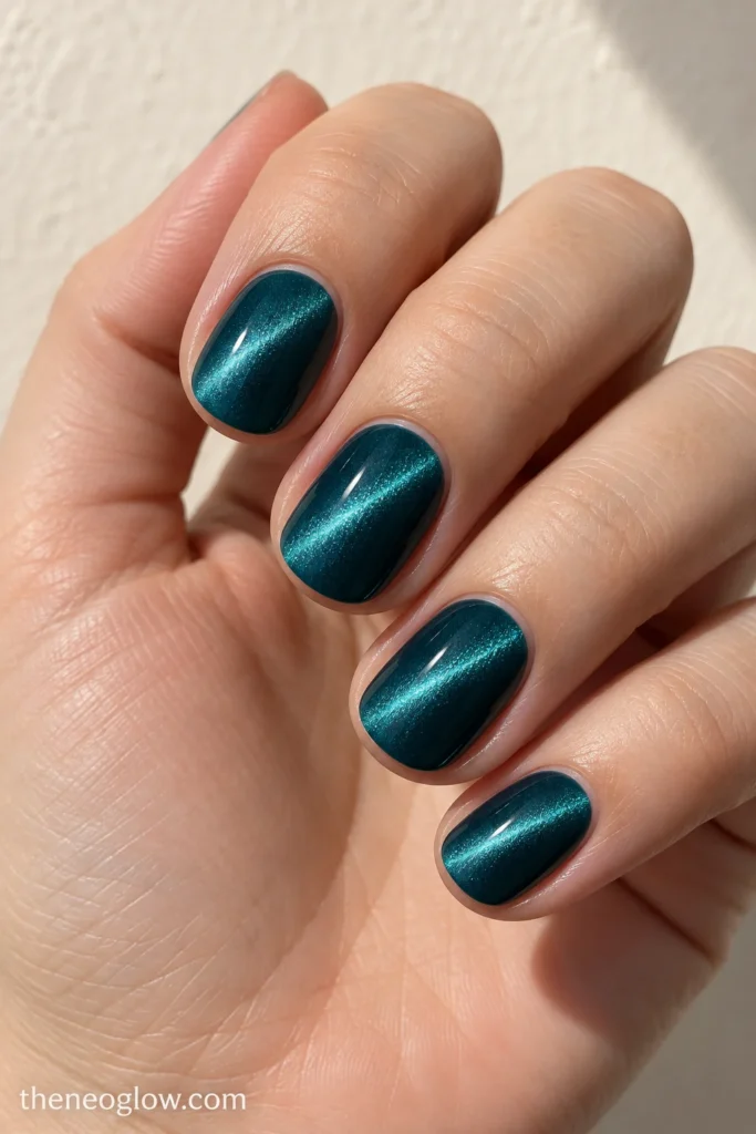 Short oval teal nails with a narrow diagonal magnetic light ribbon