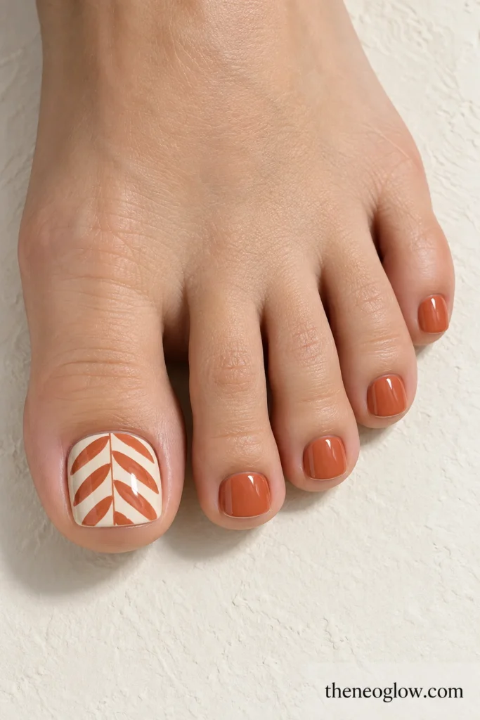 Warm cream big toenail with a broad terracotta herringbone pattern and solid terracotta smaller toes