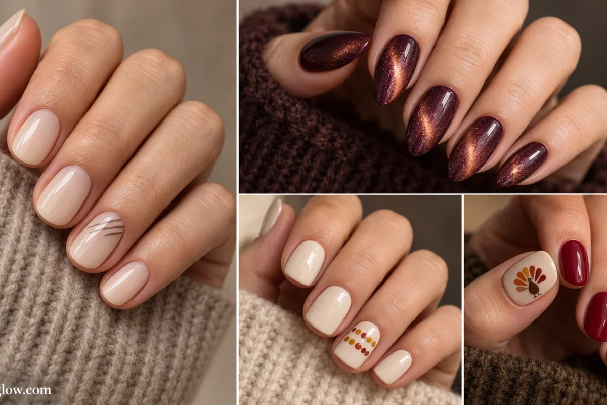 Four-part collage of ivory pleat nails, mulberry cat-eye, tiny corn-inspired details, and a turkey accent manicure.
