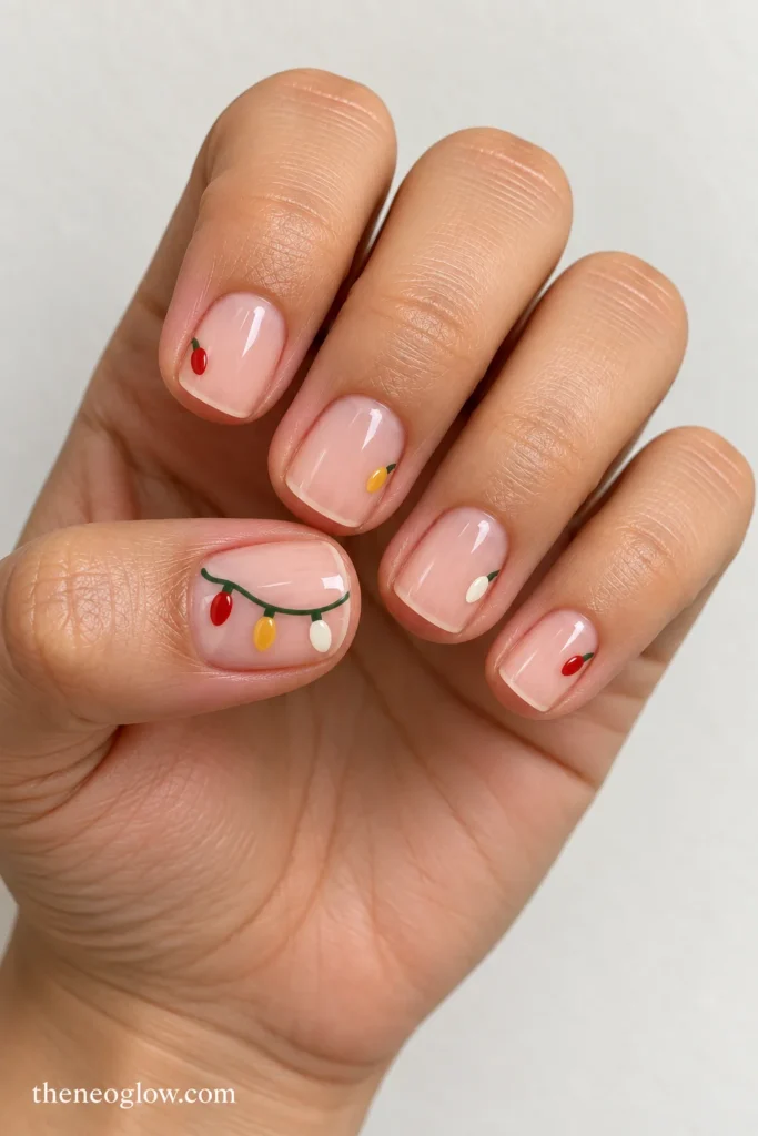 Short sheer-pink squoval nails with three colorful Christmas light bulbs on the thumbnail and single bulb accents on smaller nails.