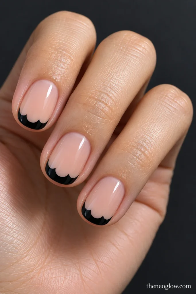 Oval nails with black French tips shaped into three rounded scallops along each inner edge.