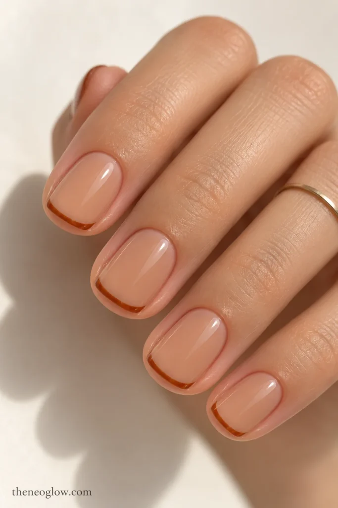 Short soft-square nails with sheer caramel-beige bases and ultra-thin toasted pumpkin tips.