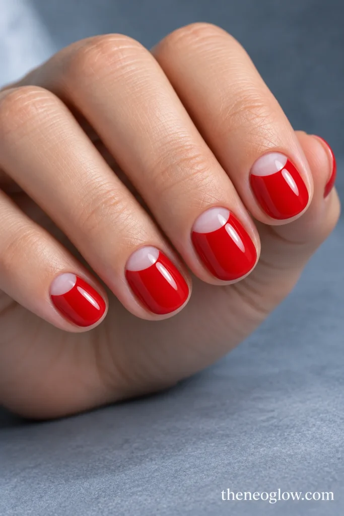 Short round tomato-red acrylic nails with translucent semicircular openings at the bases.