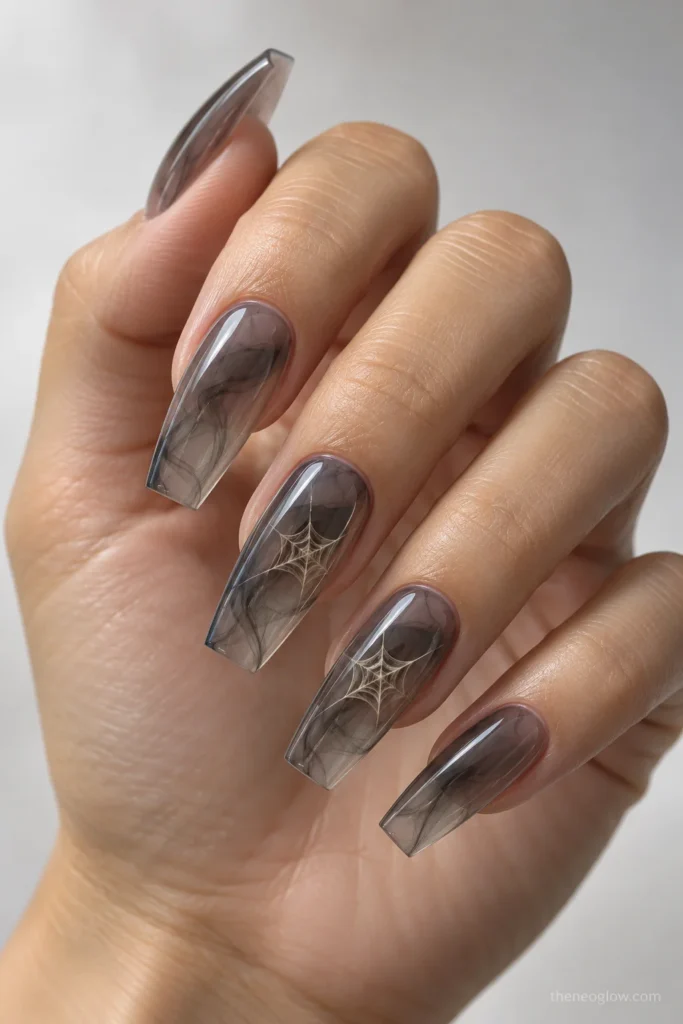 Medium coffin translucent smoke acrylic nails with fine ivory spiderwebs appearing suspended beneath clear glossy surfaces.