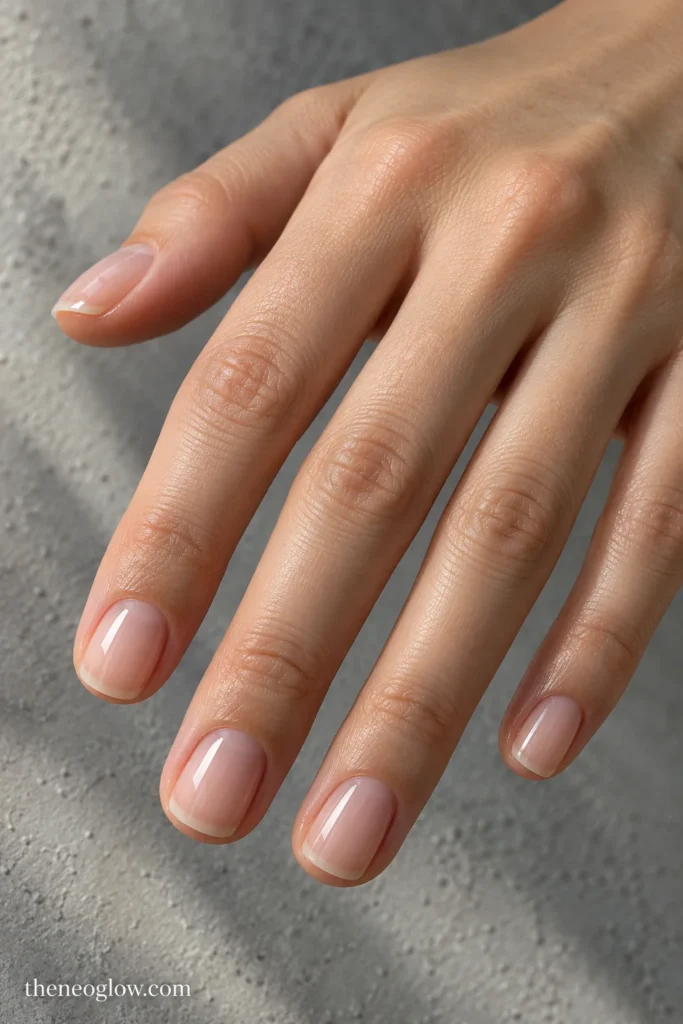 Very short glossy squoval nails ending near the fingertip with a slim, smooth side profile.