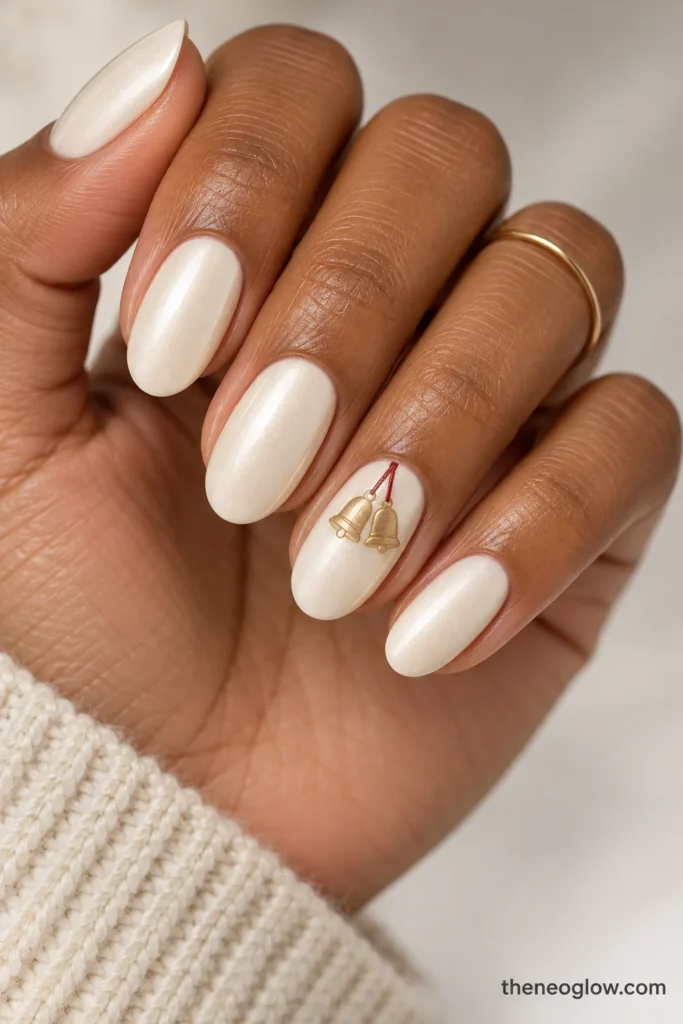 Medium pearly vanilla-white oval nails with two small champagne-gold Christmas bells joined by red cord on the ring finger.