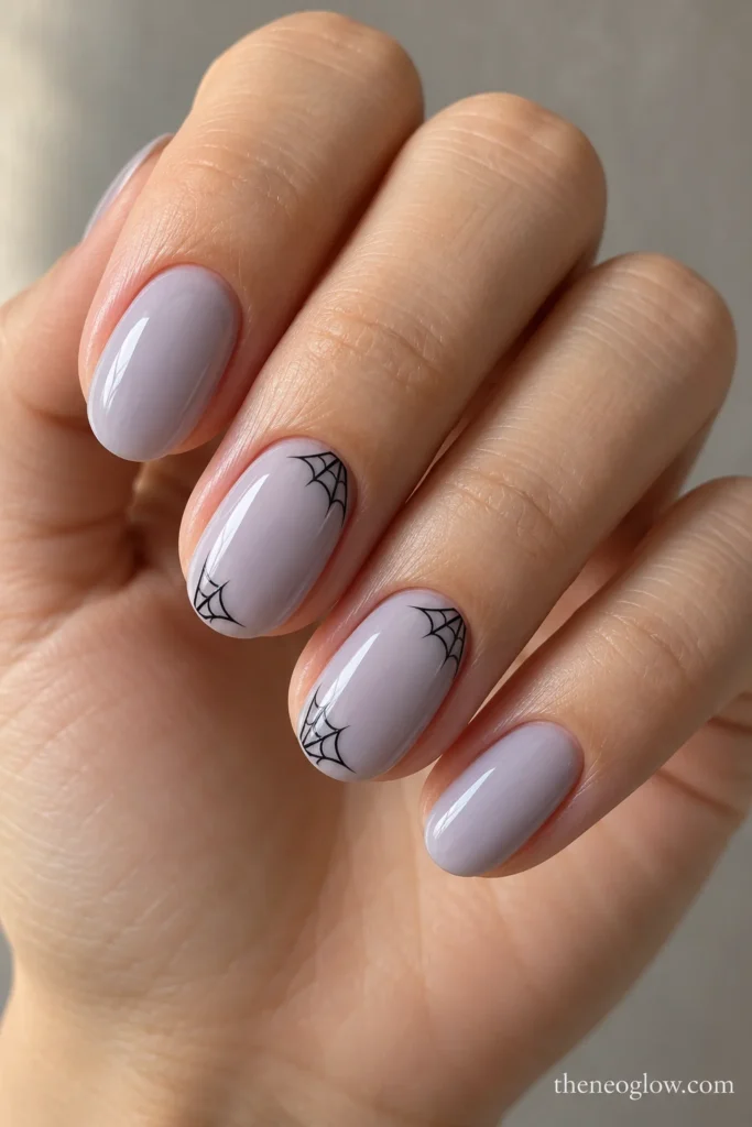 Medium-short oval lavender-gray nails with two separated black corner-web fragments and a clear diagonal gap.