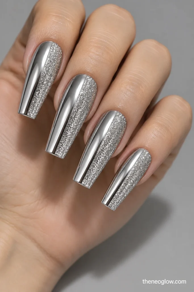 Long coffin nails split vertically into equal halves of silver mirror chrome and fine silver glitter.