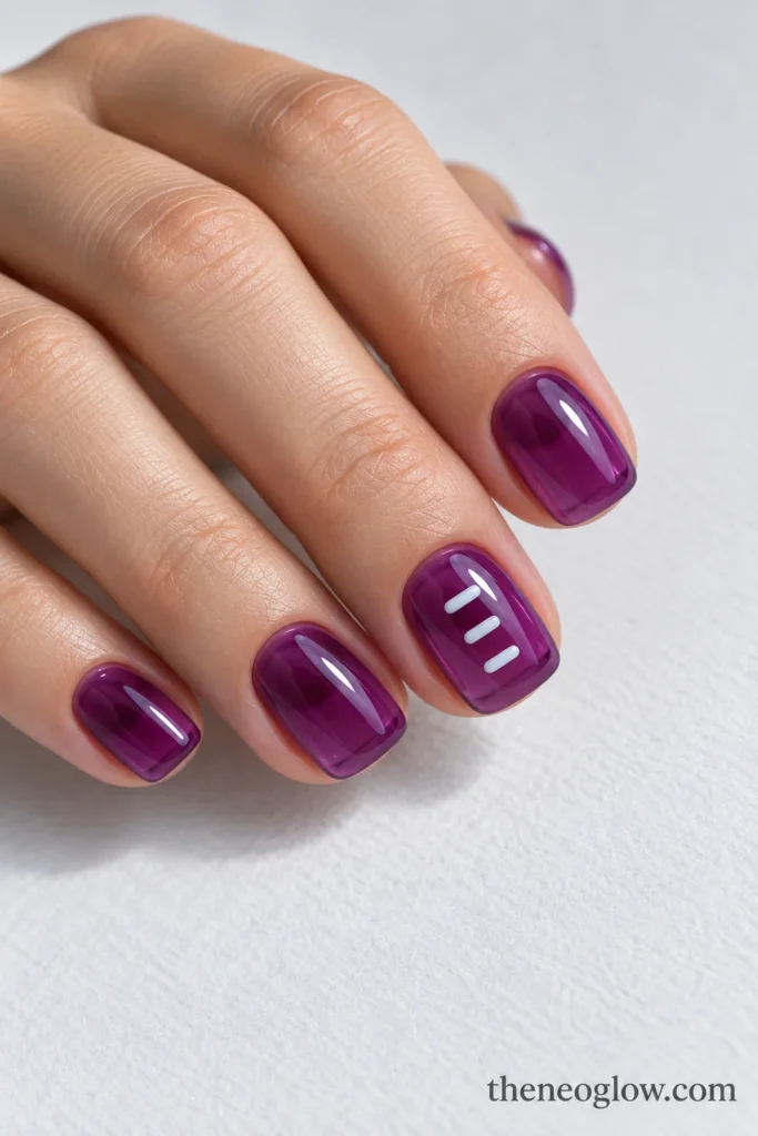 Transparent grape-violet jelly acrylic nails with three spaced white dashes on the ring finger.