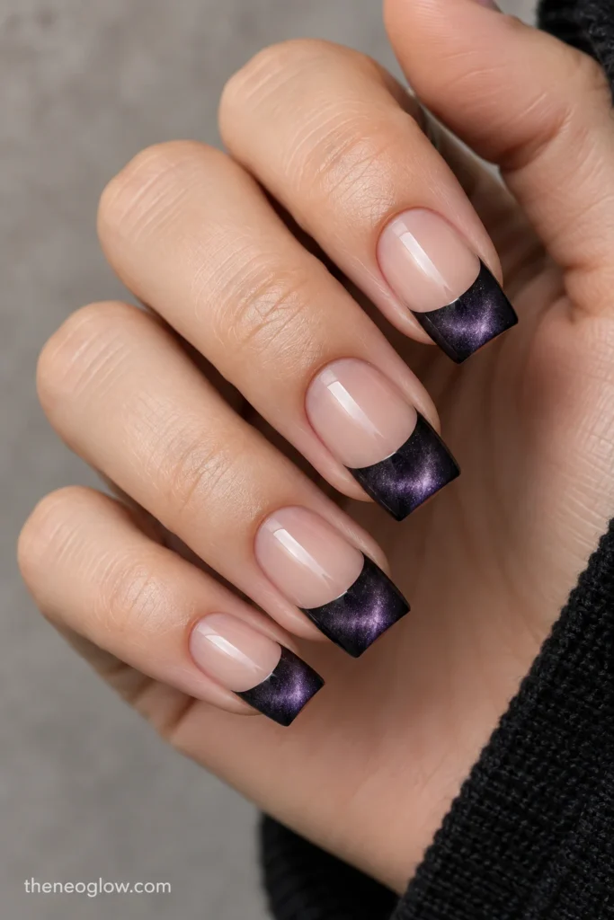 Soft-square nails with black French tips and a diffused violet cat-eye velvet effect. black french tip nails