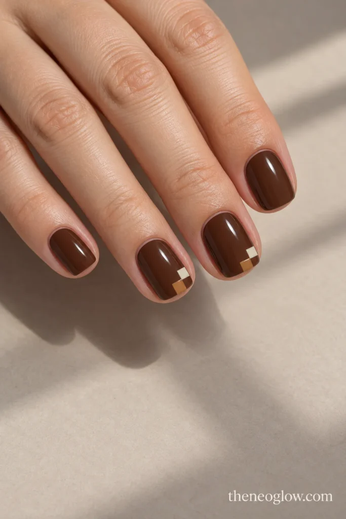 Short walnut-brown nails with small stepped cream and caramel corner accents.